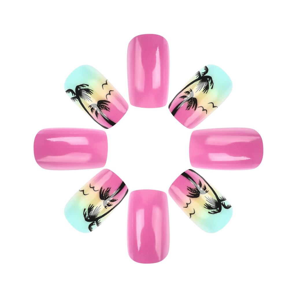 24x Short Square False Nail Coconut Tree Press On Nail Gradient Acrylic Nail Glossy Full Cover Stick on Nail for Woman