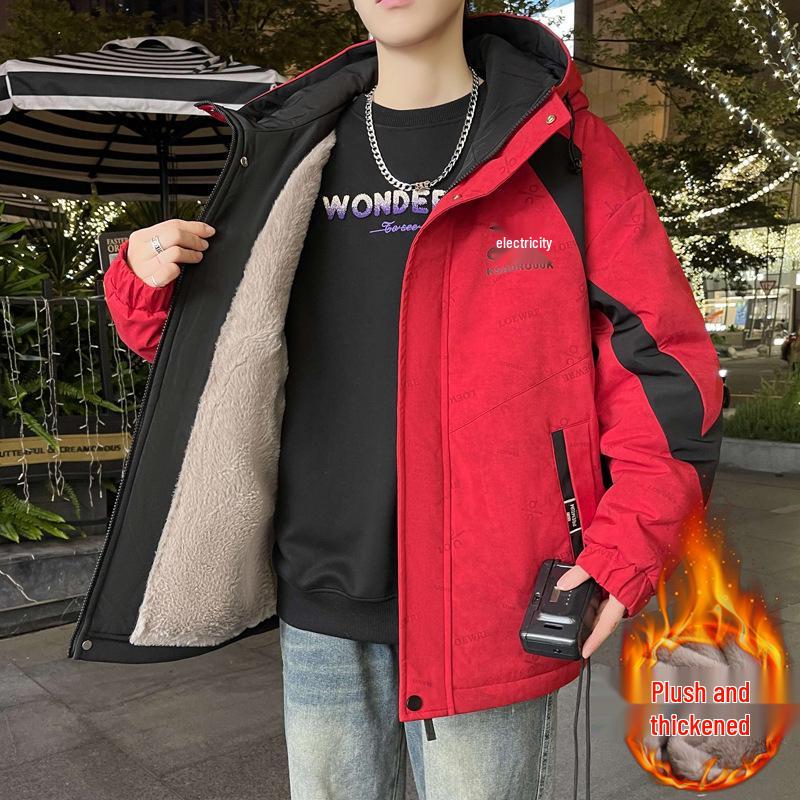 Men's Autumn/Winter Hooded Parka - Thick Velvet, Warm, and Loose-Fit for Teens Outdoor Cold Protection