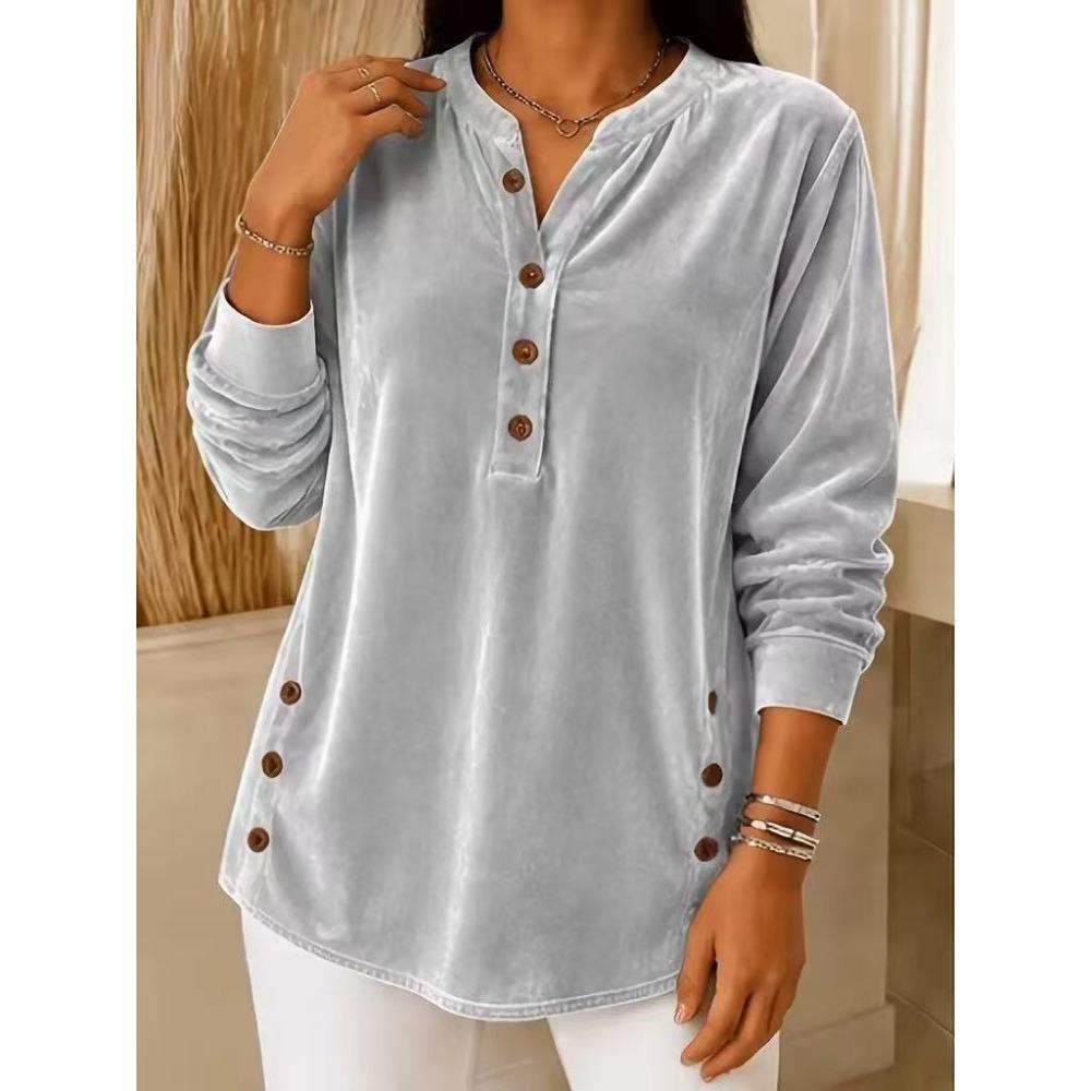 Autumn Winter New Women's Gold Velvet Top Casual Loose V-Neck Button Long Sleeve T-Shirt Velour Tee