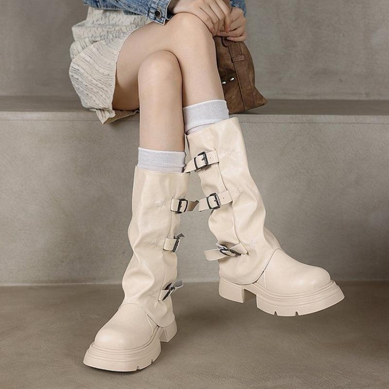 Fashion Leather Platform Mid Calf Shoes Woman Work Trend 2025 Large Size Half High Boots for Women Gyaru Gothic On Offer Waterproof Boot