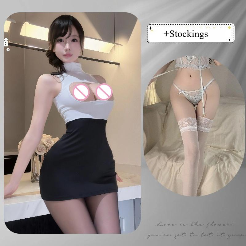 Sexy Secretary Uniform Set with Easy Access Bodycon Mini Skirt Plunge Mock Neck Sizzling Office Erotic Lingerie for Women