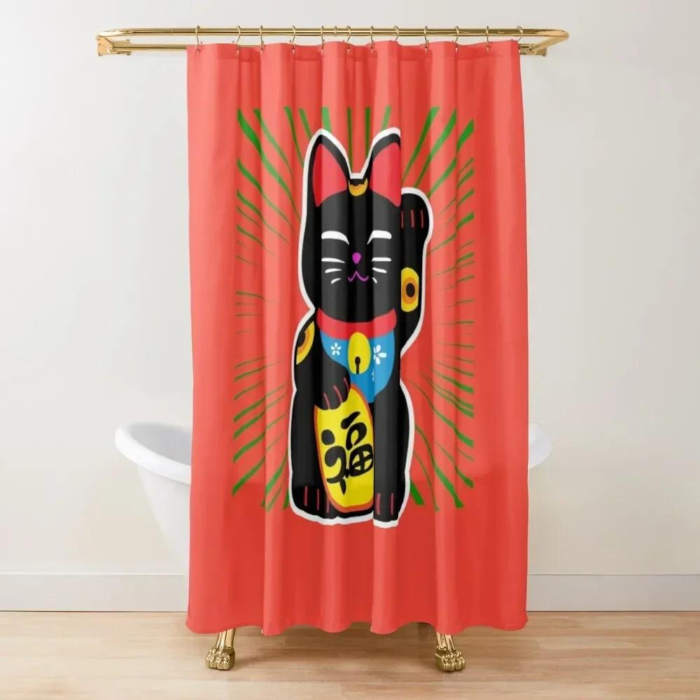 

Japanese Lucky Cat Gold Coin Bathroom Bath Decor Polyester Fabric Shower Curtains With Hooks W60H190(CM)-1 Pcs