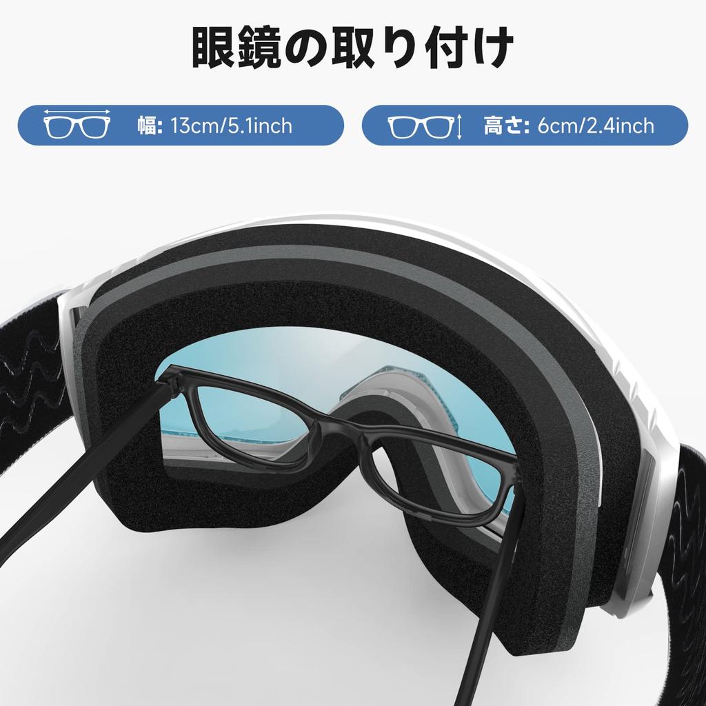 Findway Ski & Snowboard Goggles for Adults, OTG, Anti-Fog Spherical Lens, UV400, Helmet Compatible (White Frame / Sapphire Blue Lens)