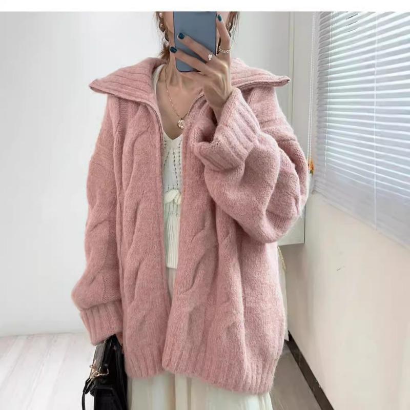Autumn and Winter New Loose Zipper Retro Twist Knitted Cardigan Gentle Wind Soft Waxy Versatile Sweater Jacket Women