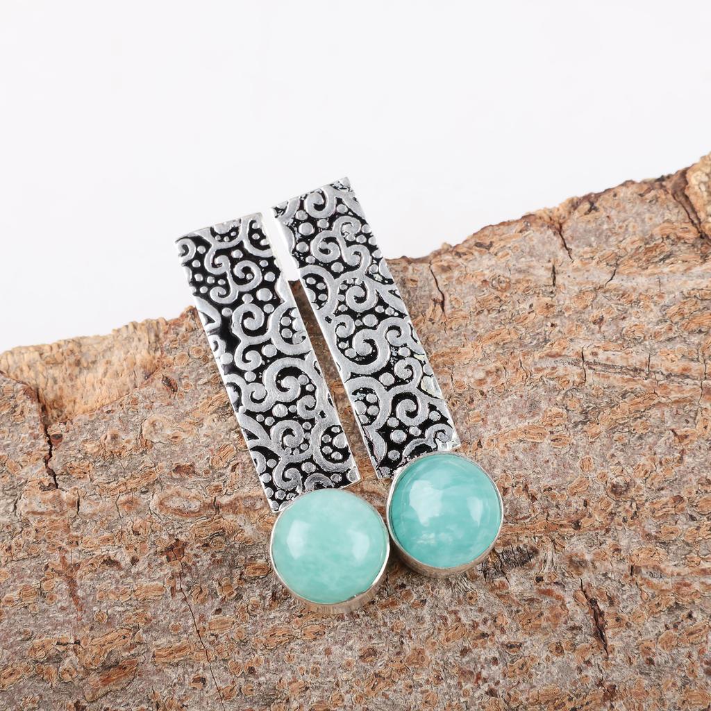 Bijoux en Amazonite, Boucles d'oreilles en Argent Sterling Massif 925, Boucles d'oreilles de Créateur en Argent Fait Main Pour Cadeau de Mariage