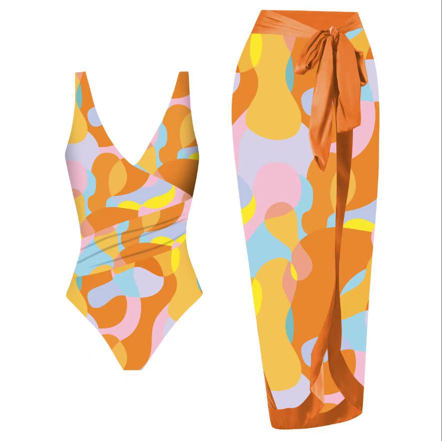 Europäischer Print-Bikini 2025 mit Sonnenschutz-Gaze-Rock - Resort-Bademode