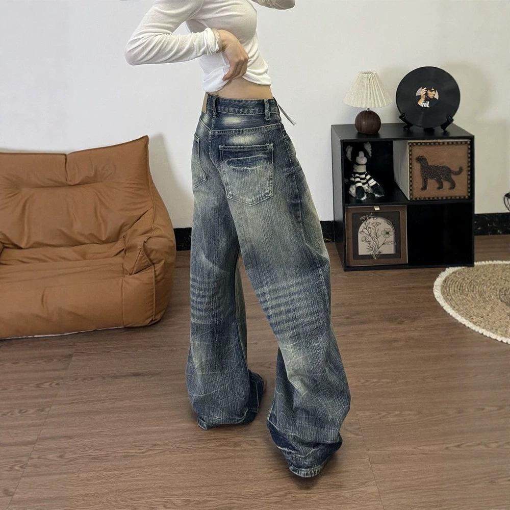 Women's High Waist Vintage Washed Baggy Wide Leg Jeans Casual Loose Denim Trousers