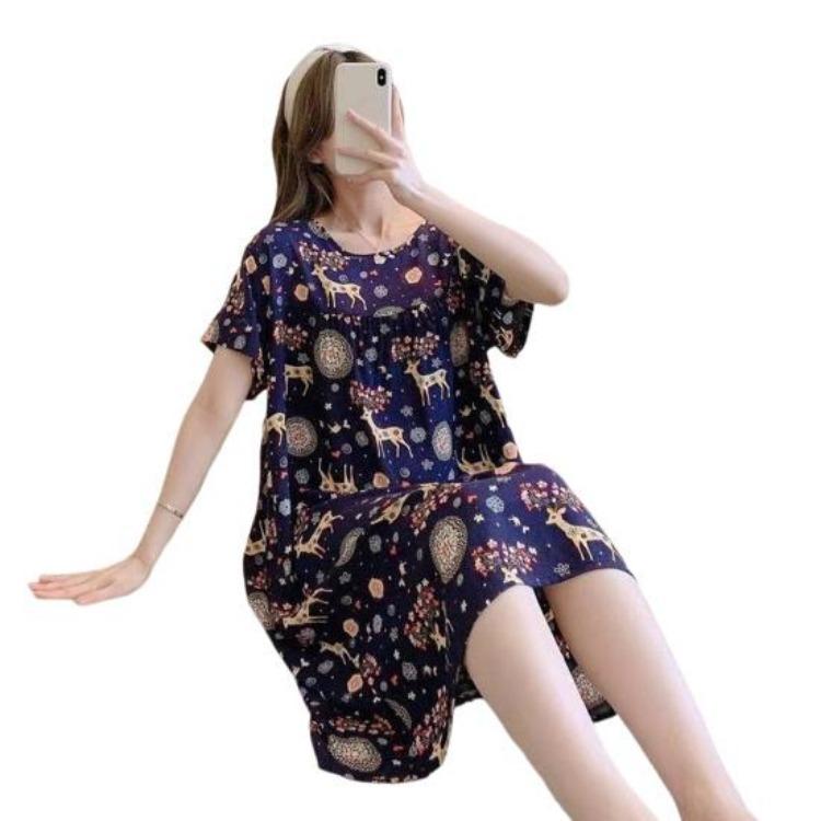 

Loose Floral Print Women Nightdress Casual Round Neck Short Sleeves Knee Length Midi Dress Homewear Lady Nightgown