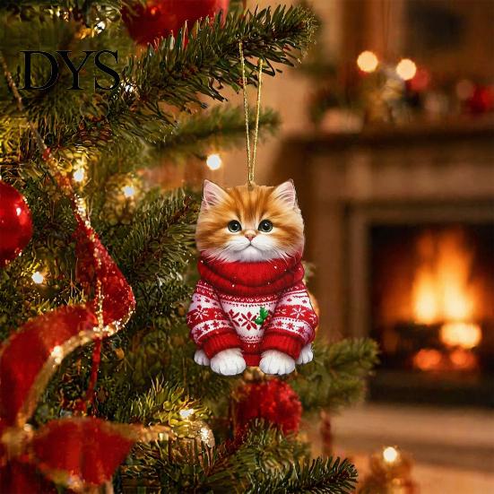 Festive Party Supplies Cute Cat Christmas Ornaments, 2D Wooden Cartoon Tree Xmas Gift for Friends Hanging Decorations Winter Holiday Home Decor