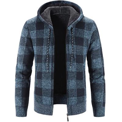 Herren Strickjacke mit Kapuze, kariert, langärmelig, Herbst/Winter, Fleece, lässiger Pullover, Mantel