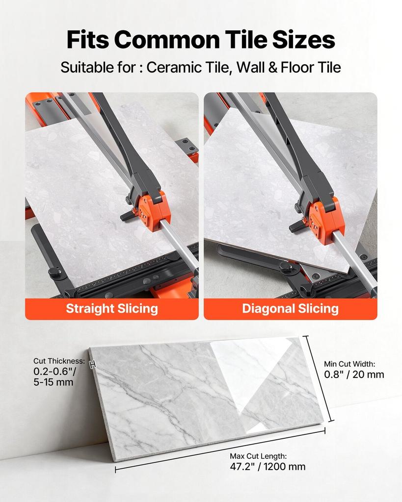 1200 Mm Manual Tile Cutter, Spring-Loaded Base Cutting Tool with Adjustable Angle Fence, Tungsten Carbide Cutting Wheel, Precision Alignment Guide,