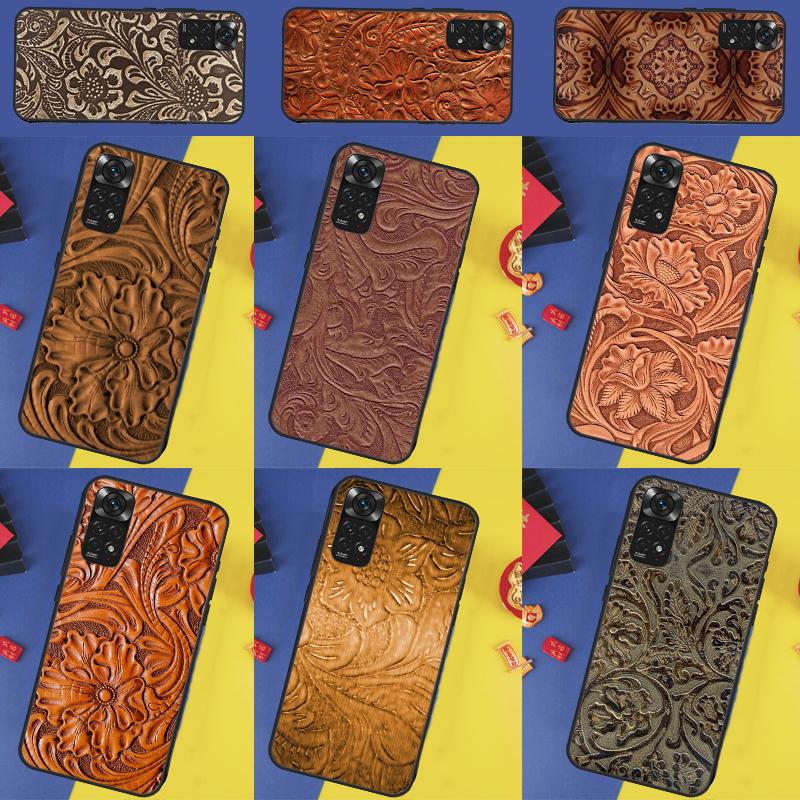Brown Hand Tooled Western Case For Xiaomi Redmi Note 14 13 12 11 10 9 Pro 9S 10S 11S 12S Redmi 10C 12C 13C 14C Cover