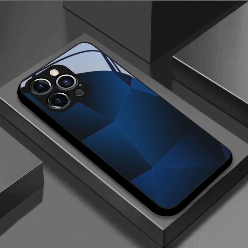 Dark Blue Geometric Mosaic Pattern TPU Glass Phone Case, Suitable for iPhone 17, 16, 15, 14, 13, 12, 11, Etc.