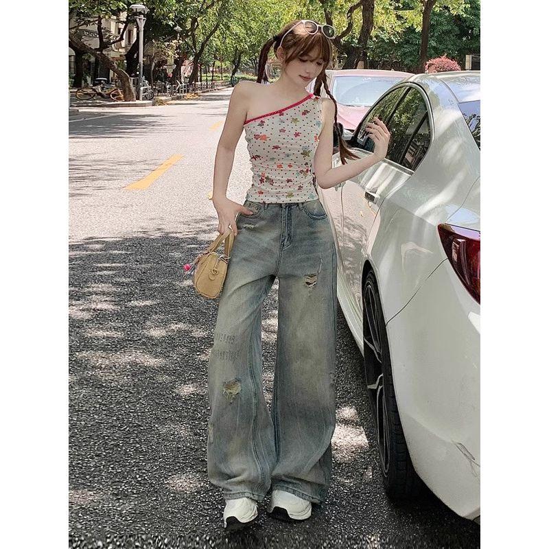 American Retro Blue Ripped Niche Design Wide Leg Denim Female High Waist Loose and Slimming Scratch Straight-Leg Pants Summer