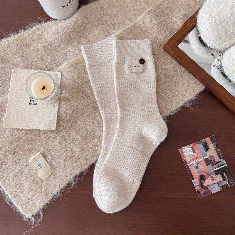 Woolen Mid-calf Women's Socks for Winter, Thickened and Warm Knitted Fabric Label Button Solid Color Simple Pile Socks