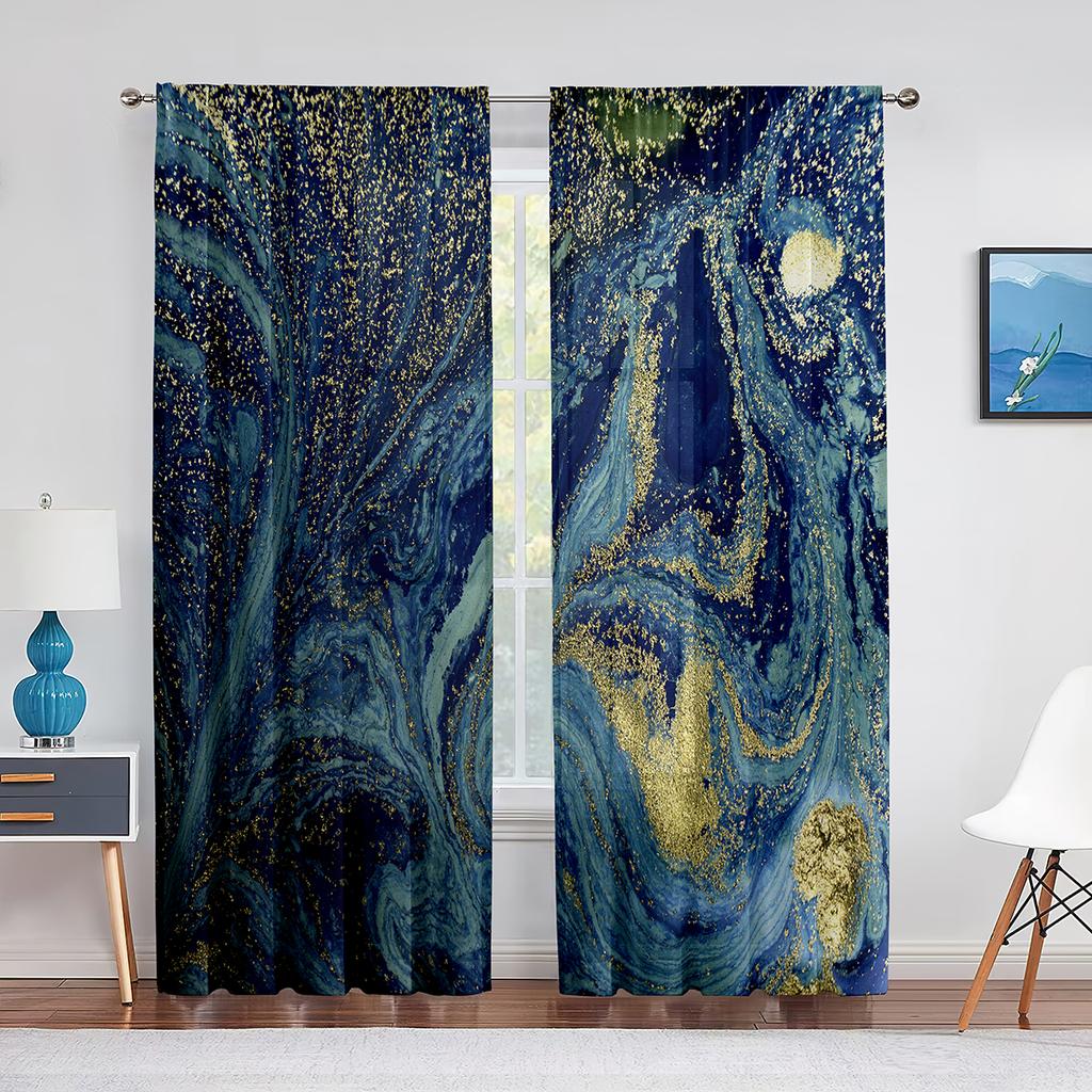 Abstract Marble Navy Blue Gold Marbling Sheer Curtains for Living Room Bedroom Decoration Window Chiffon Tulle Curtains Kitchen