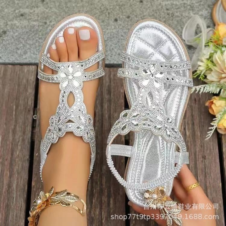 

Fashion Plus Size 36-46 Women Shoe Rhinestone Flat Sandals Elastic Band Beach Shoes for Women Fashion Casual Open Toe Sandalias De Mujer 43