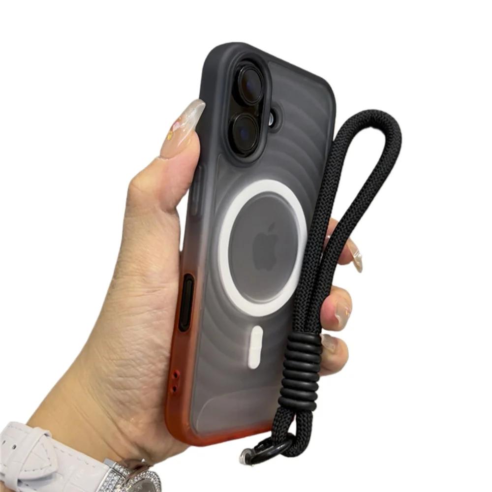 

Luxury With Lanyard Water Ripple For Magsafe Phone Case For iPhone 16 12 13 14 15 Pro Max Gradient Matte Translucent Back Cover For iPhone 14 Pro&Case & Strap