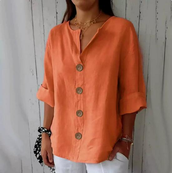 T-shirt Estiva da Donna 2025 Europea & Americana Scollo a V Larga Bottoni Cotone Lino