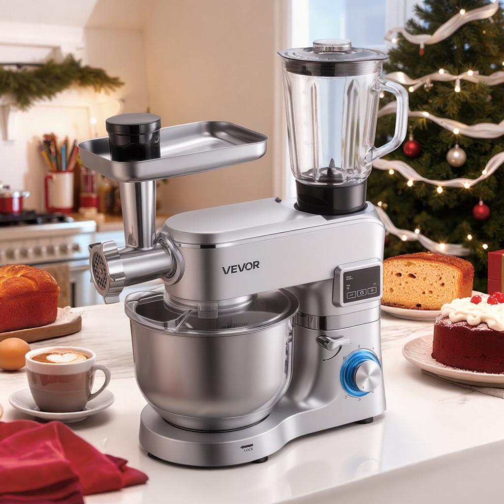 VEVOR Stand Mixer, 5.7 L Electric Kitchen Mixer, 1500W Dough-Mixer, 6+P Speeds Tilt-head Food-Mixer with 1.5 L Blender Cup, Stainless Steel Bowl