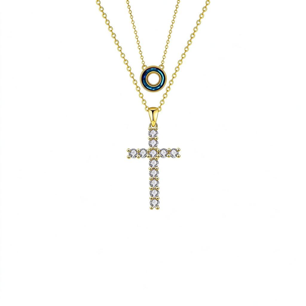 Double Layer Cross Pendant Necklace, 18K Gold Plated Paved Zircon Crucifix Choker, Stacked Faith Necklace for Women
