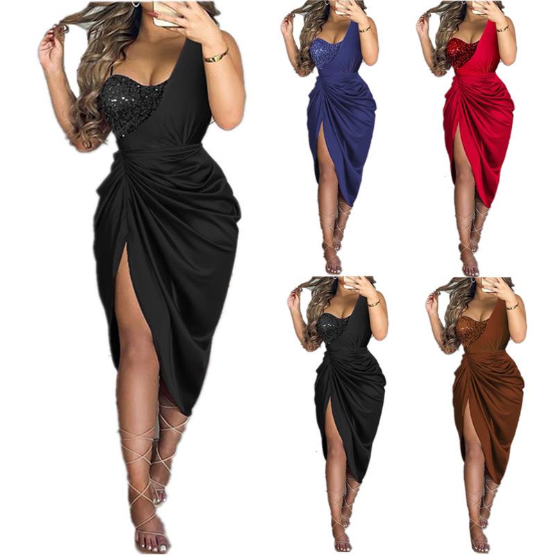 Red Sequined One-Shoulder Evening Dress with Slit - Women's Sexy Long Skirt 2023