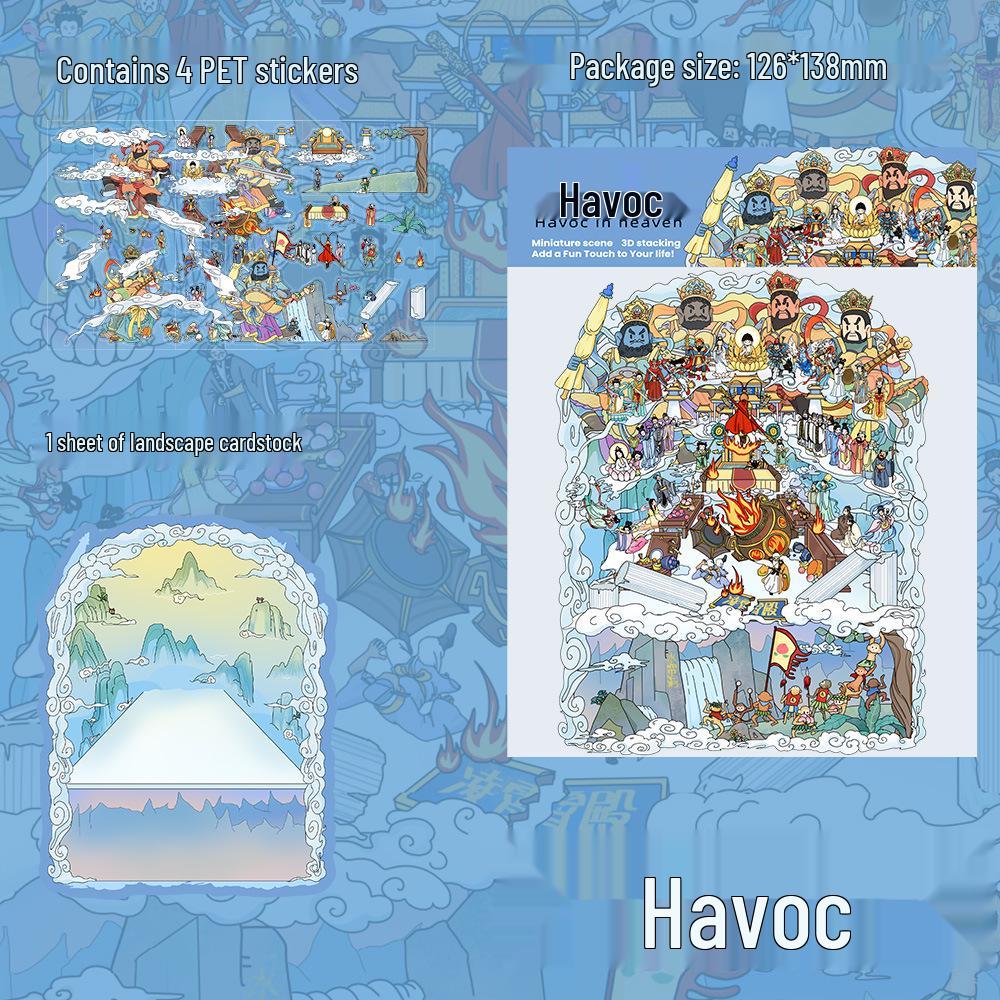 4 PET Sheets: The Monkey King s Havoc in Heaven Scenery Stickers – DIY Miniature World Journal Decor