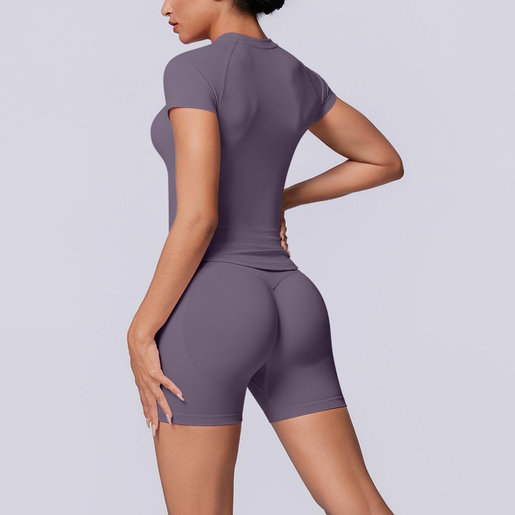 European and American seamless solid color breathable tight high elastic short-sleeved shorts set sports running fitness yoga clothes women
