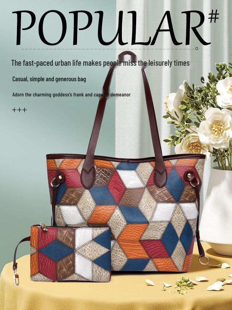 Cross-Border Patchwork Color-Block Tote: Large Capacity 3D Handbag for Moms