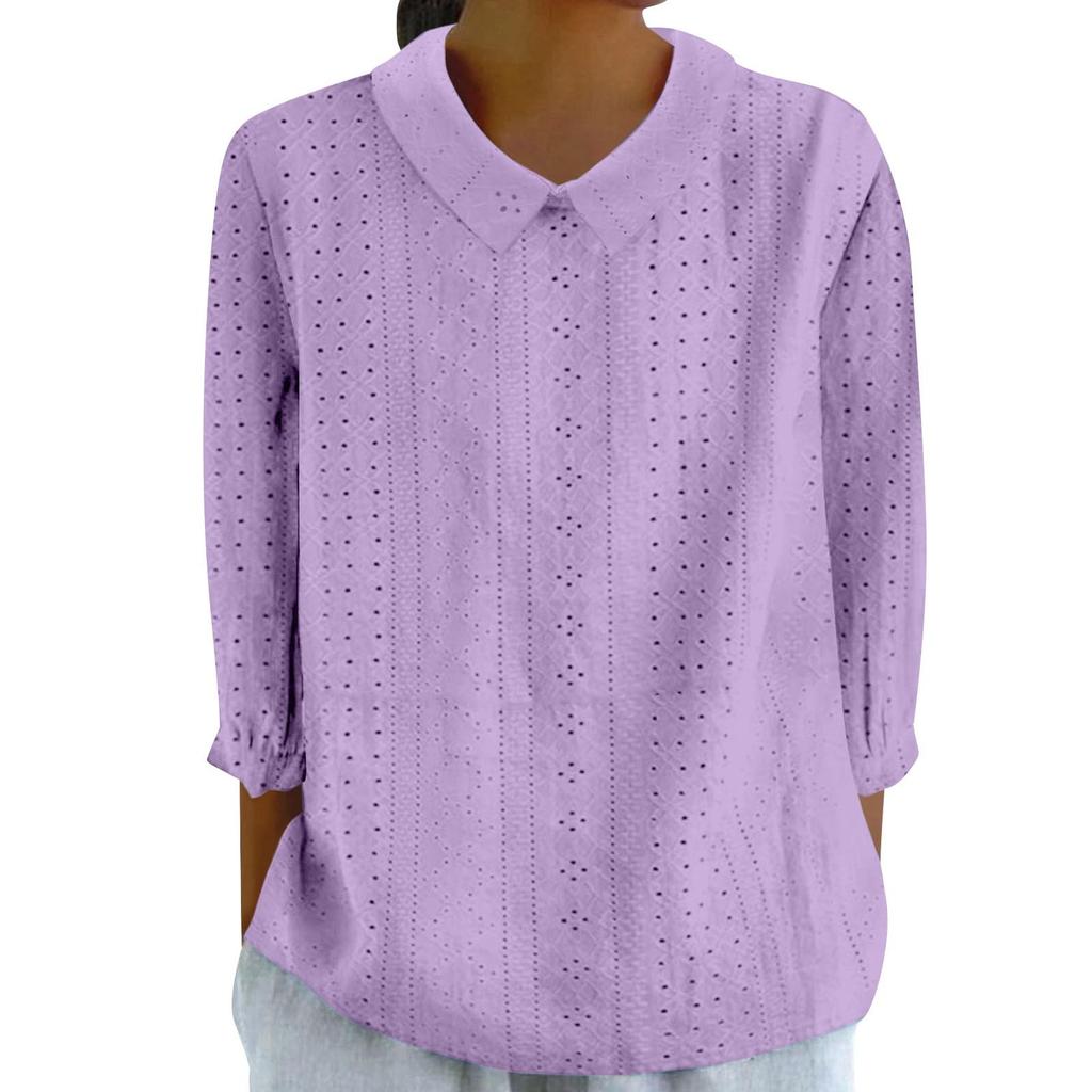 Button-Down-Hemden für Damen, Ösen-Spitzenkragen, 3/4-Ärmel, einfarbig, lässig, lockere Passform, bequem, für den Herbst, für den Alltag