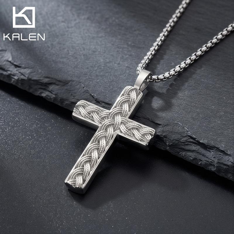Kalen Braided Pattern Cross Pendant Necklace Polished Gold Silver Color Stainless Steel Box Chain Men s Simple Fashion Jewelry 60cm