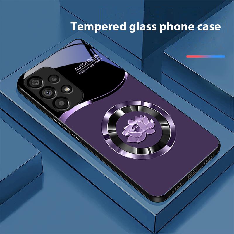 Circle Lotus Gold For Samsung Galaxy S 8 9 10 20 Plus 21 FE 22 23 24 Ultra S7 Edge Black Tempered Glass Phone Case Hard Shell