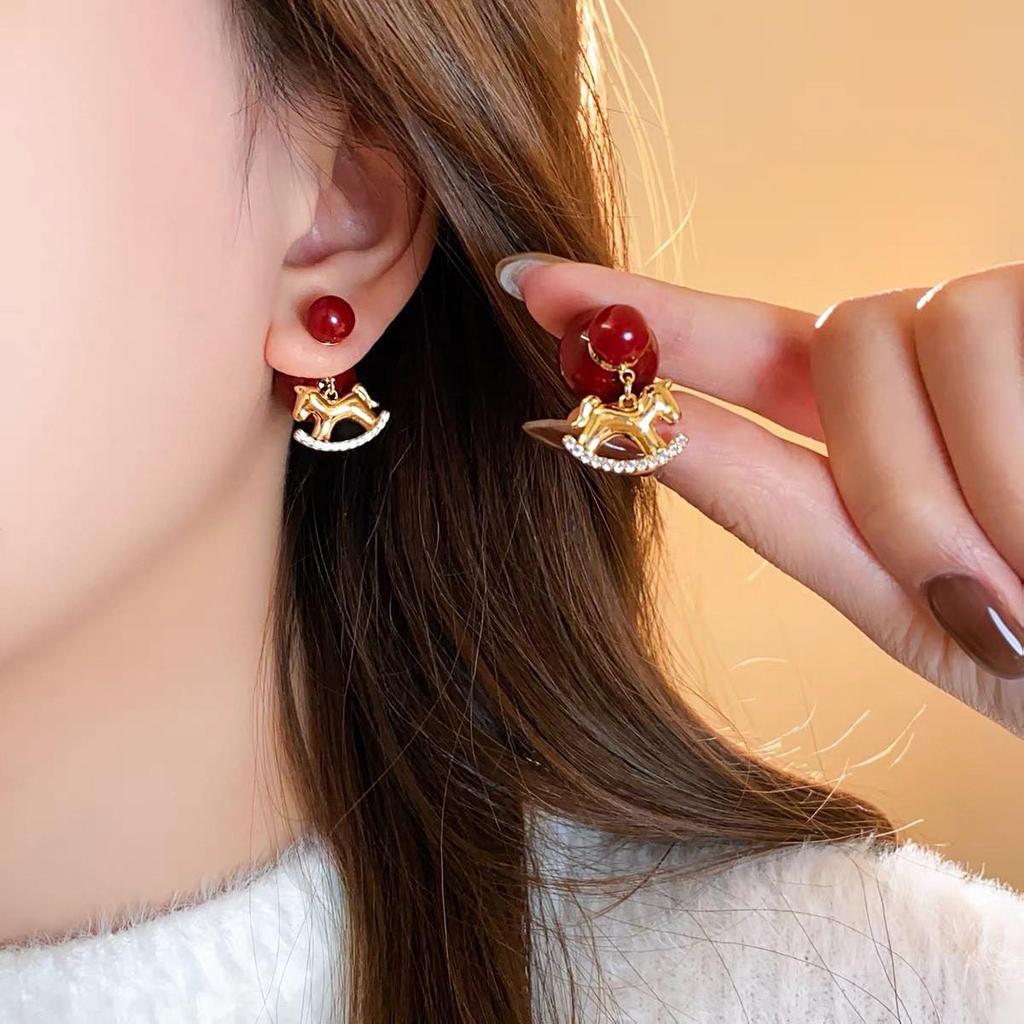 Zodiac Year Zircon Pearl Horse Earrings - Luxurious, Modern Studs for Women