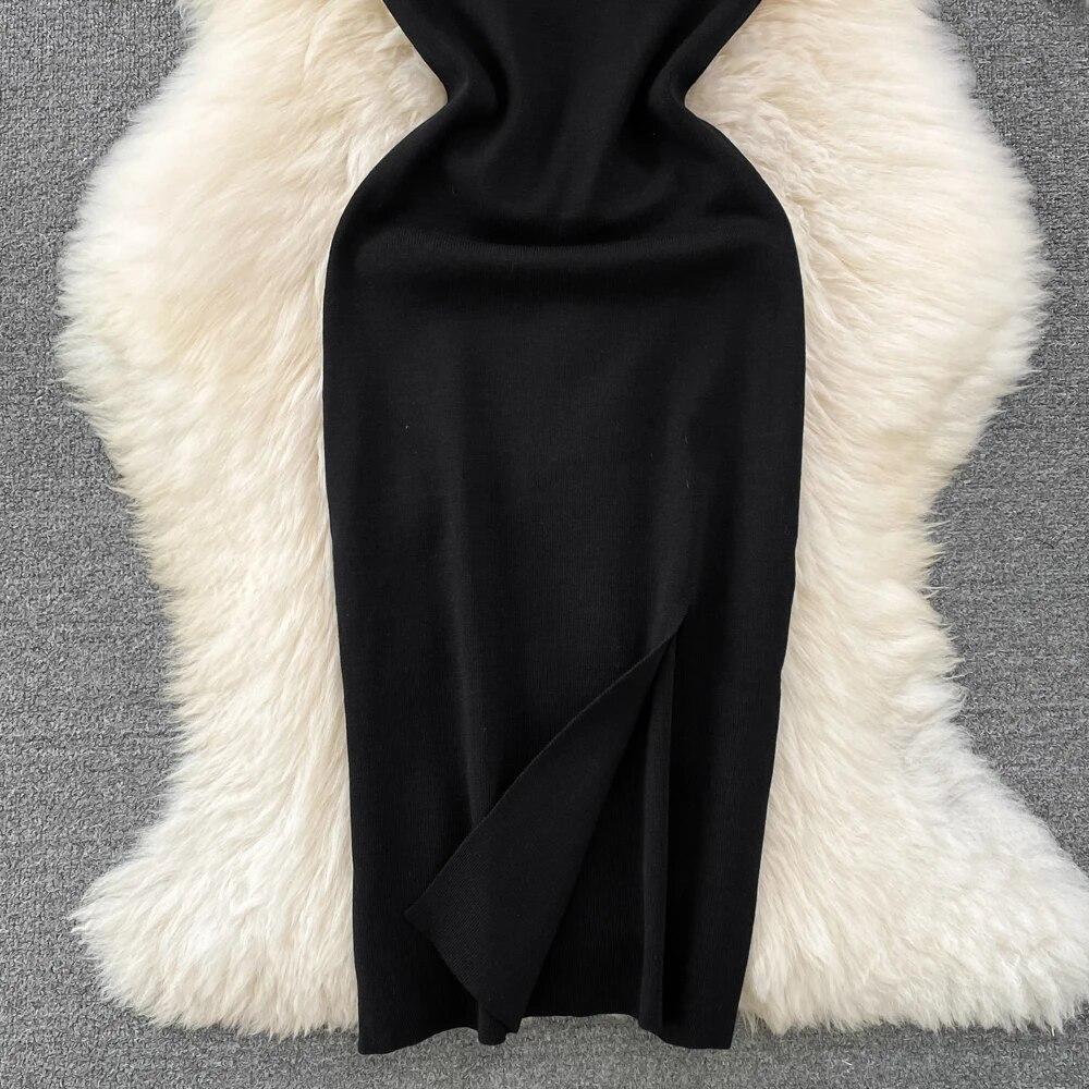 RUGOD France Sexy Knitted Club Dress Women Sleeveless Split Sundress Vintage Short Dress Feathers Montage Green Slim Dress