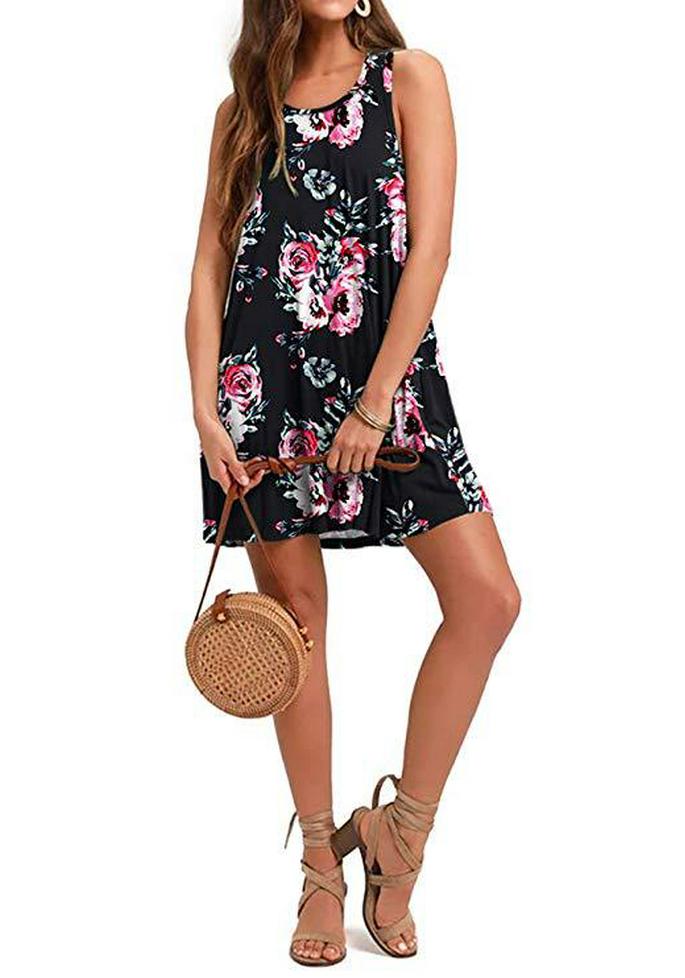 2020 Sleeveless European-American Floral Pocket Beach Dress