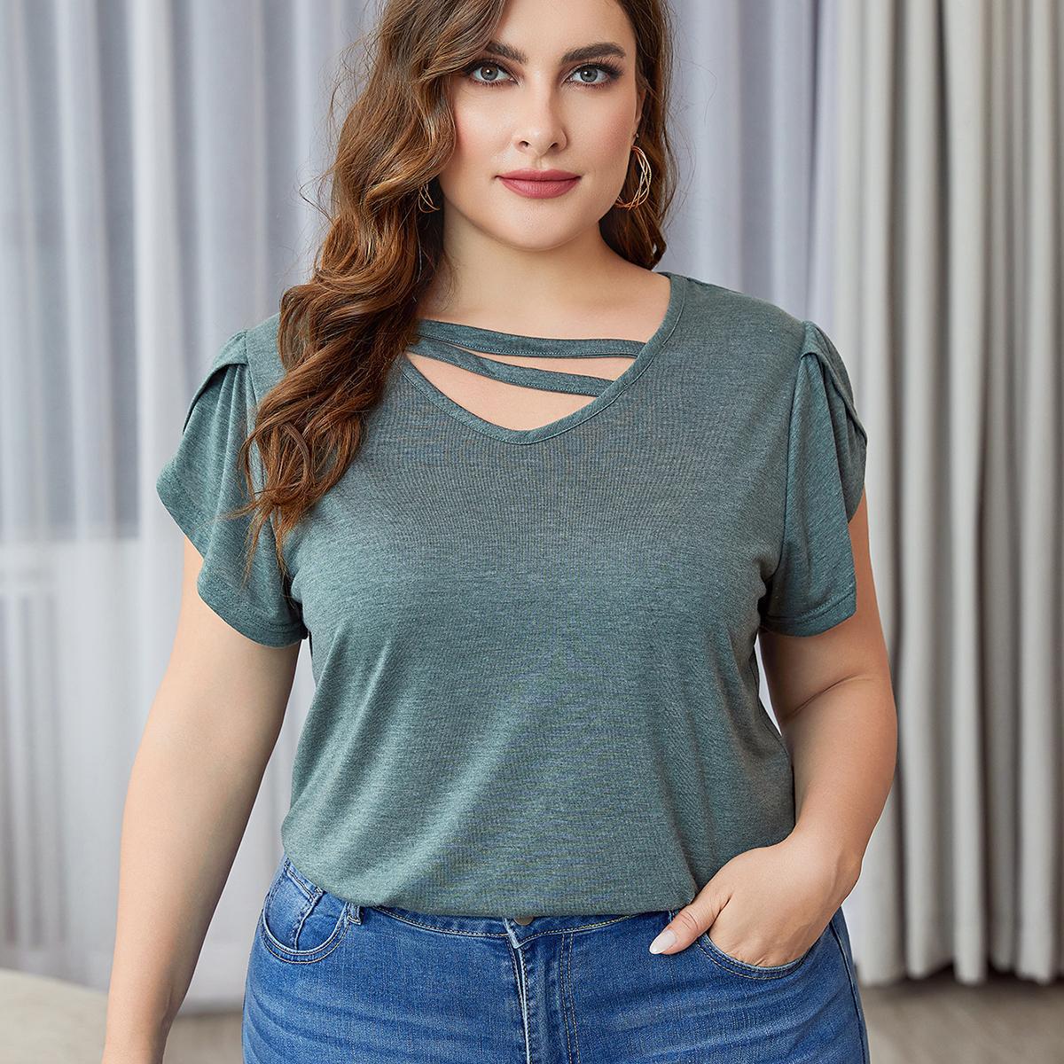

Женская летняя однотонная футболка с v-образным вырезом и коротким рукавом, свободная повседневная мода, дышащая легкая удобная футболка с коротким рукавом для работы и отдыха 4XL