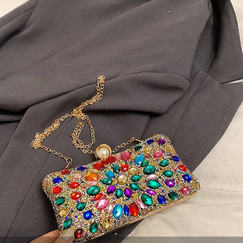 Shiny Evening Banquet Bag Crystal Sequin Bling Colorful Rhinestone Shoulder Bag Clutch Bag Pearl Chain Crossbody Bag Wedding