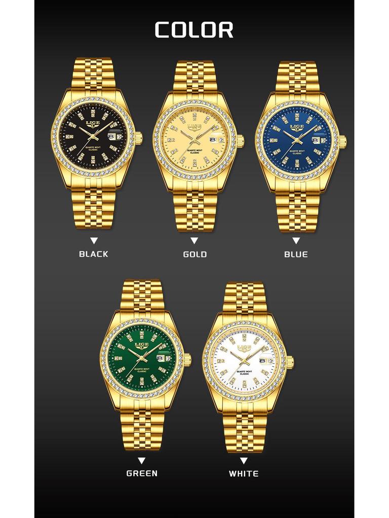 LIGE Men's Elegant Quartz Watch with Large Diamond-Inlaid Dial