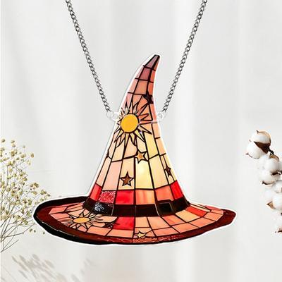 Yousheng Halloween Witch Hat Hanging Decoration Stained Glass 2D Flat Acrylic Witch Hat Suncatcher Indoor Outdoor Wall Window Hanging Sign Ornament