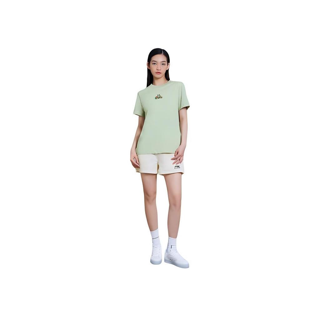 Li-Ning Sports Lifestyle Series Plant Floral Cartoon Print Round Neck Pullover T-Shirt Women Tops Green AHSS316-5