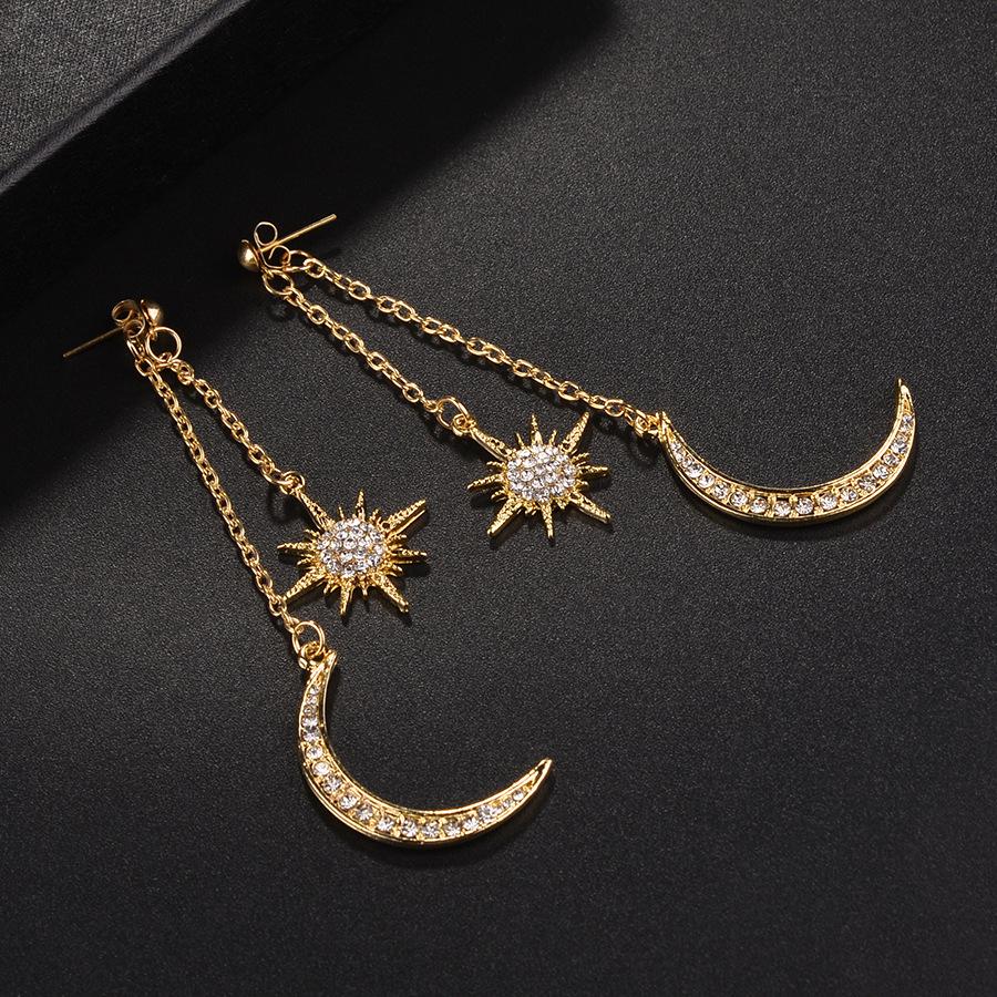 European-American Rhinestone Crystal Tassel Sun & Moon Stud Earrings