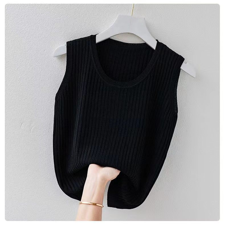 

Женская одежда, элегантная модная однотонная футболка без рукавов, летняя повседневная универсальная кофта с круглым вырезом, жилет, свободный топ большого размера 45-105 кг 5XL чёрный