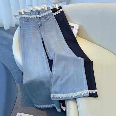 Comfortable Light-coloured Jeans Women's Loose Spliced Lace Lace High-waisted Dragging Wide-legged Micro-flare Long Trousers Tide Long Denim Pants