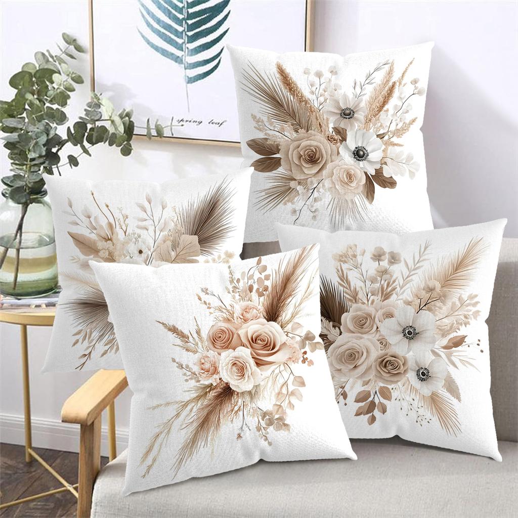 Beige Floral Patterned Cushions for Home Decor Polyester Pillowcase, Sofa Decorative Cushion Cov Headboard Pillow
