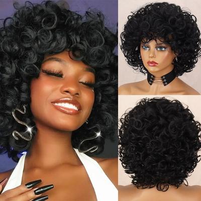 Black Curly Short African Wig Women's Synthetic Fiber Wig 14 Inches for Daily Wear Party Suitable for Women