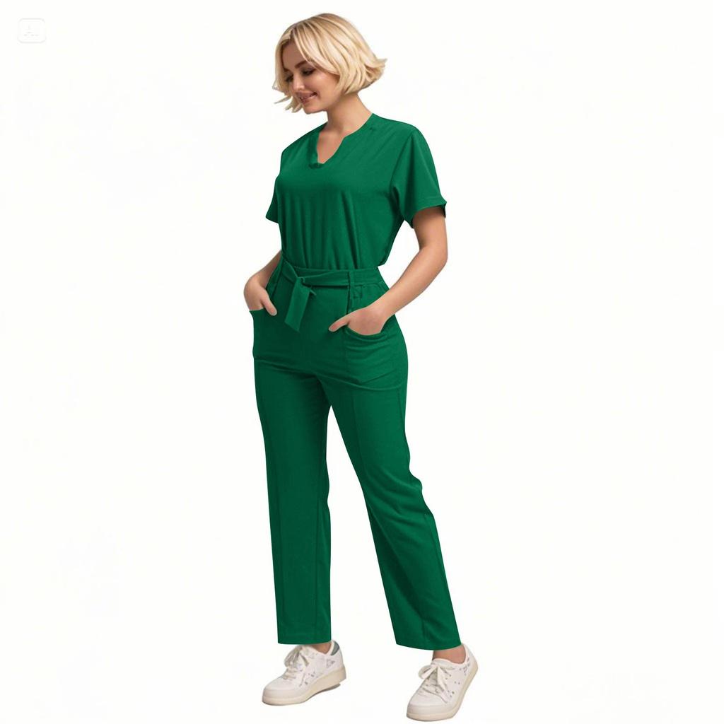 Damen Mode Kurzarm V-Ausschnitt Gemustert Tops Tasche Arbeits Set