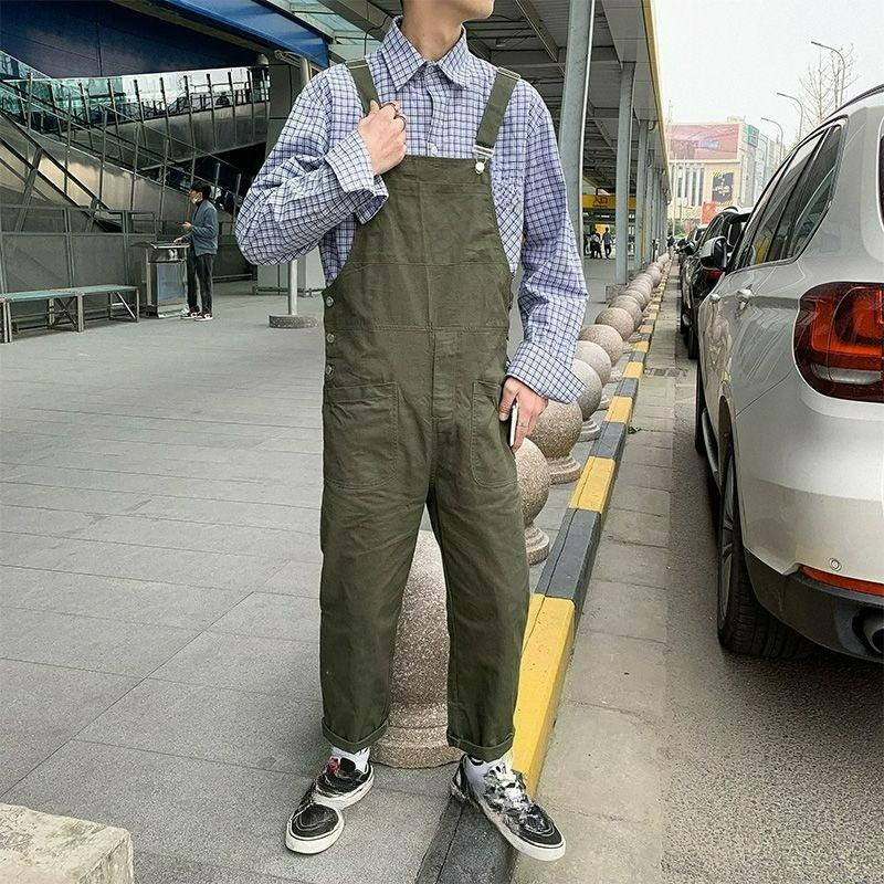 Hong Kong Style Bib Pants Men's Summer Suspenders Korean Version of Loose Straight Nine-point Wide-leg Pants Super Fire Bib Pants