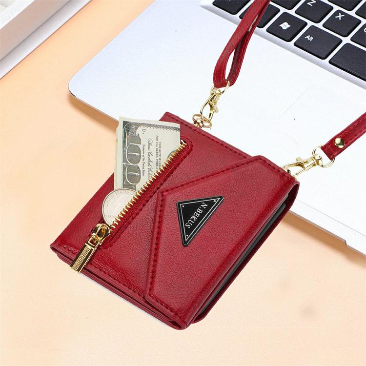 Crossbody Lanyard Leather Phone Case for Samsung Galaxy Z Flip 6 5 4 Flip6 Flip5 Flip4 Zipper Wallet Card Slot Holder Cover