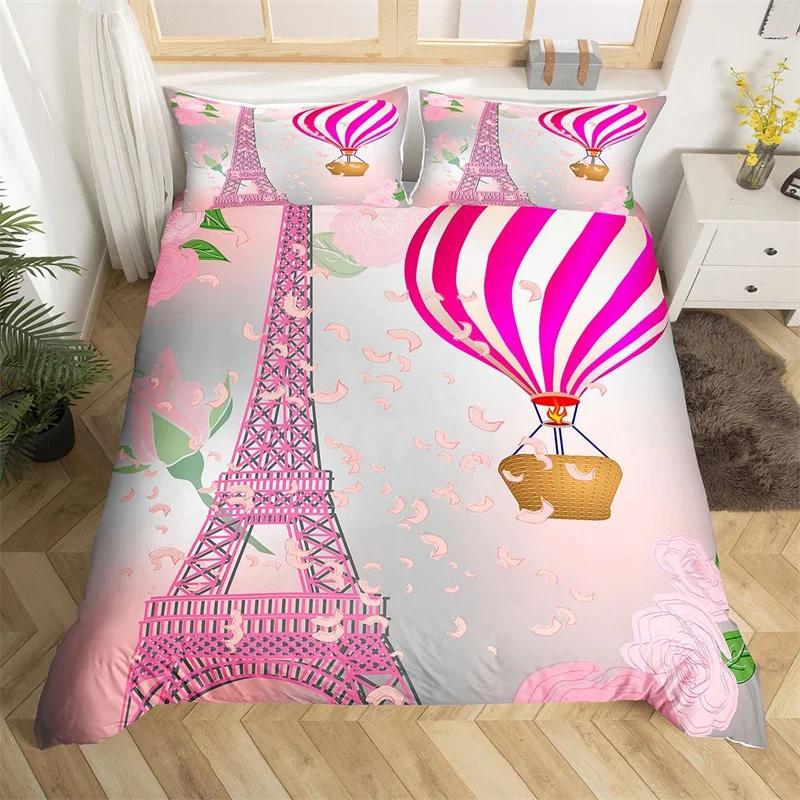 Eiffel Tower Duvet Cover Chic Paris Bedding Set Microfiber Modern French Style Romantic Theme Comforter Cover With Pillowcase
