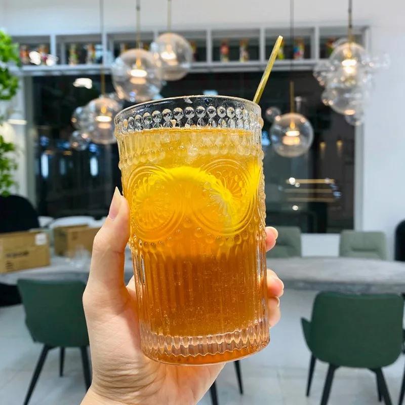 4Pcs/2Pcs/1Pcs Nordic Style Sunflower Water Cup 300Ml/350Ml Retro Relief Glass Cup French Cold Drink Cups Transparent Juice Cup